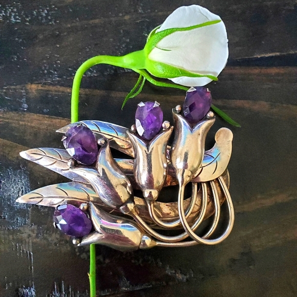 Rare Collectors Valentin Vidaurreta Early Taxco Amethyst Flower Brooch - Picture 1 of 11